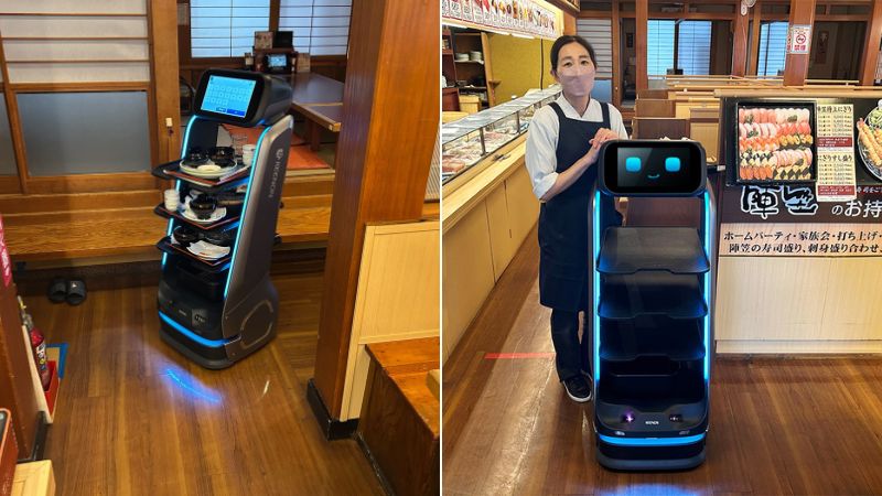 一度に3つのお膳をロボットが下げ膳。スタッフの身体的負荷を削減し、席回転率の向上にも寄与。