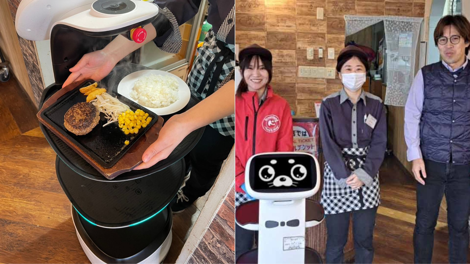 ロボットが配膳する間に、人にしかできない業務に専念し効率化。重くて熱い鉄板を4枚同時に楽々運搬！