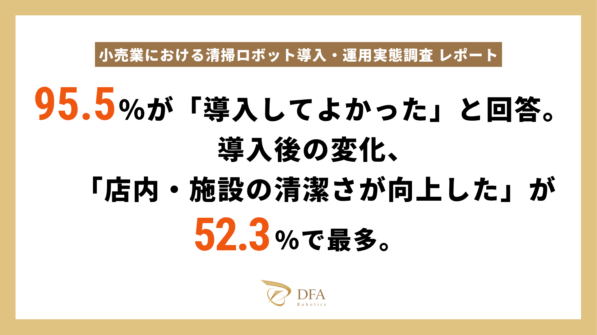 【小売業の清掃ロボット運用実態調査】 95.5%が「導入してよかった」と回答。導入後の変化、「店内・施設の清潔さが向上した」が52.3%で最多。